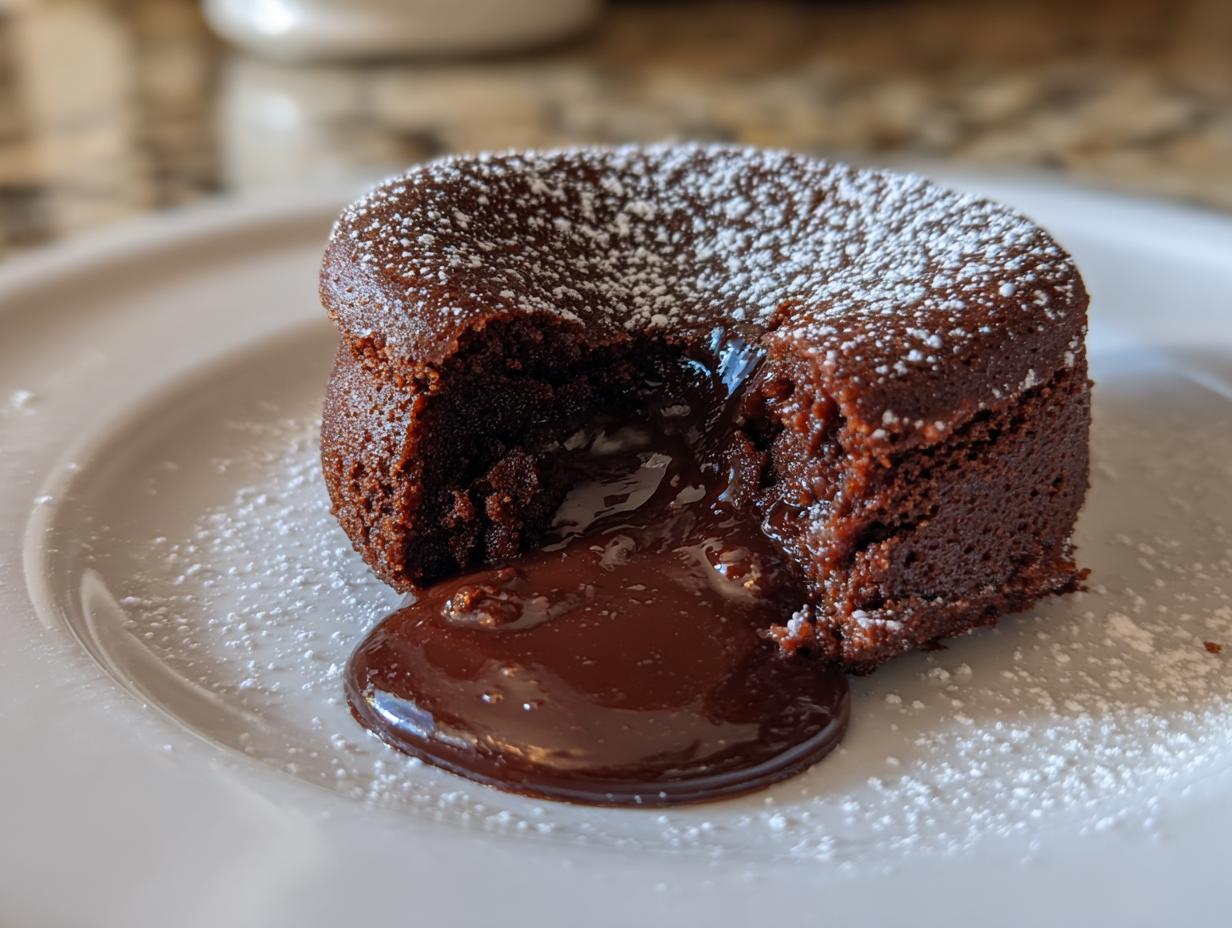 Close-up of a warm chocolate lava cake, dusted with powdered sugar, oozing rich, molten chocolate.