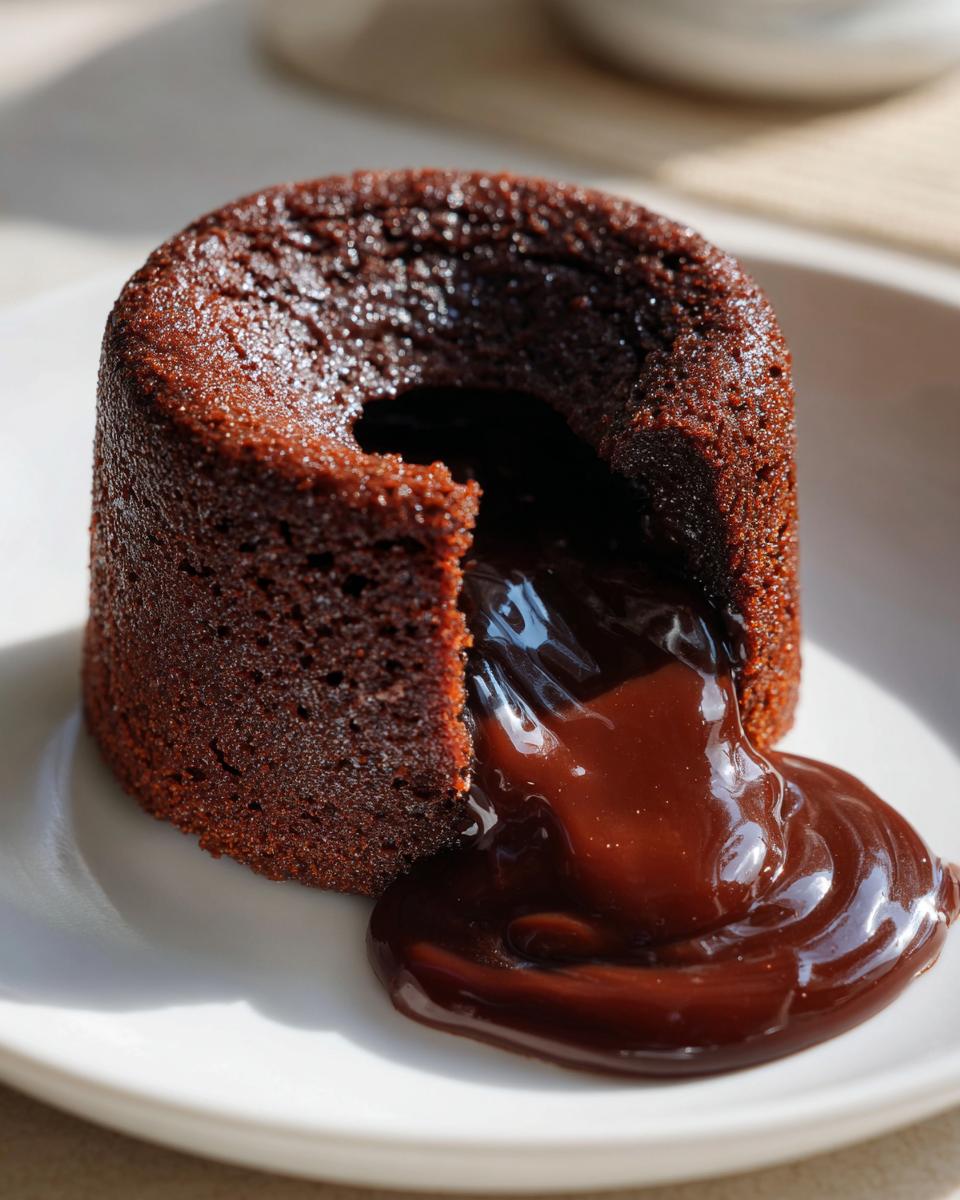 Close-up of a warm chocolate lava cake with molten center oozing out onto a white plate.