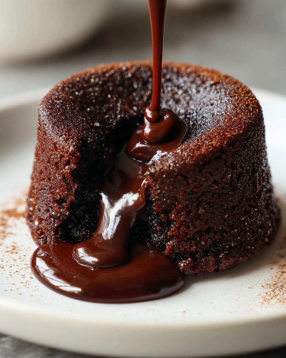 Close-up of a freshly baked lava cake as rich chocolate sauce is poured into its center, creating a molten pool.