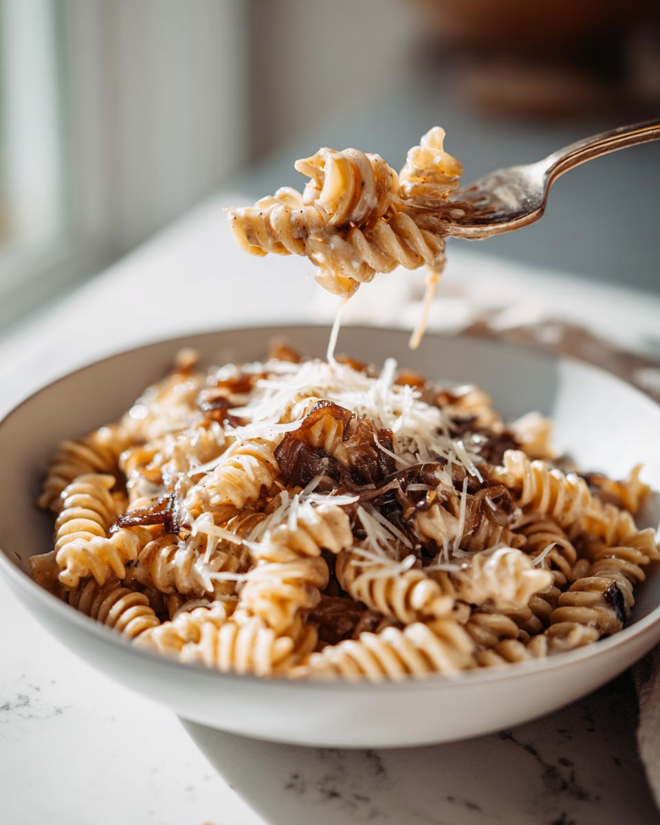 A fork lifts a bite of creamy french onion pasta (fusilli) topped with caramelized onions and grated cheese.