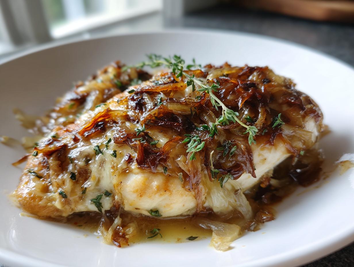 A close-up of a juicy french onion chicken breast topped with caramelized onions, melted cheese, and fresh thyme.