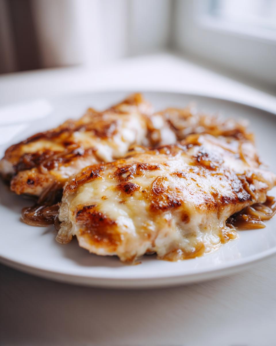 Close-up of two juicy french onion chicken breasts topped with melted, browned cheese and caramelized onions on a white plate.