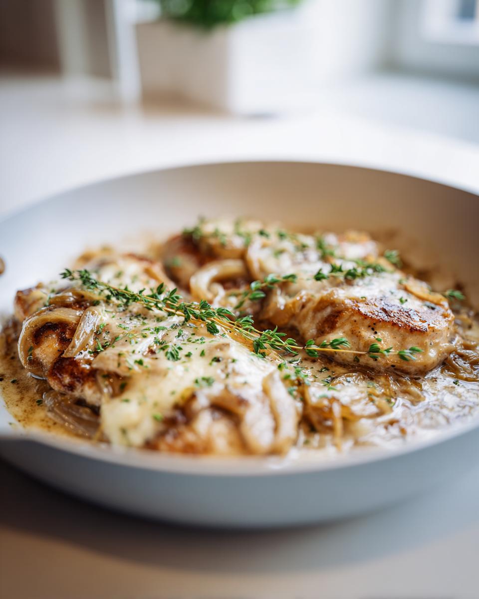 Close-up of seared chicken breasts topped with caramelized onions, melted cheese, and fresh thyme, ready to serve in a white skillet.