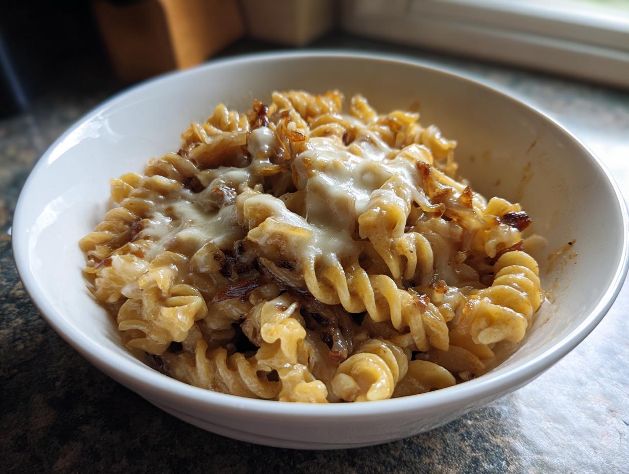 Close-up of a white bowl filled with creamy french onion pasta topped with melted white cheese and caramelized onions.