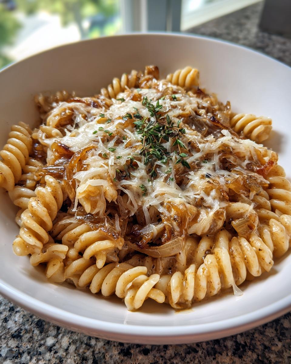 Close-up of a bowl of french onion pasta made with fusilli, topped with caramelized onions, melted cheese, and fresh thyme.