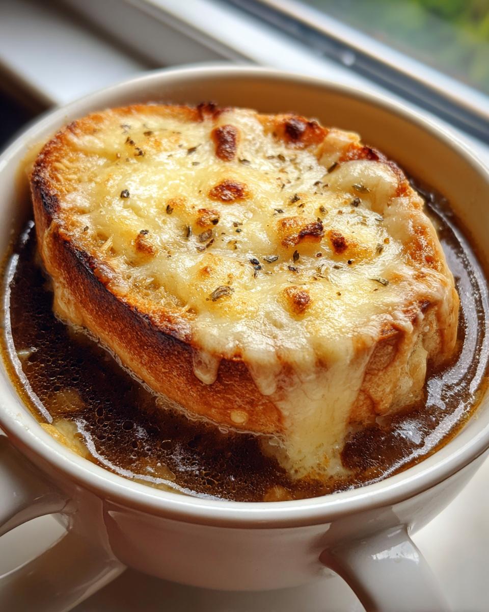 Close-up of a classic french onion soup bowl topped with a thick layer of melted, browned cheese and crouton.