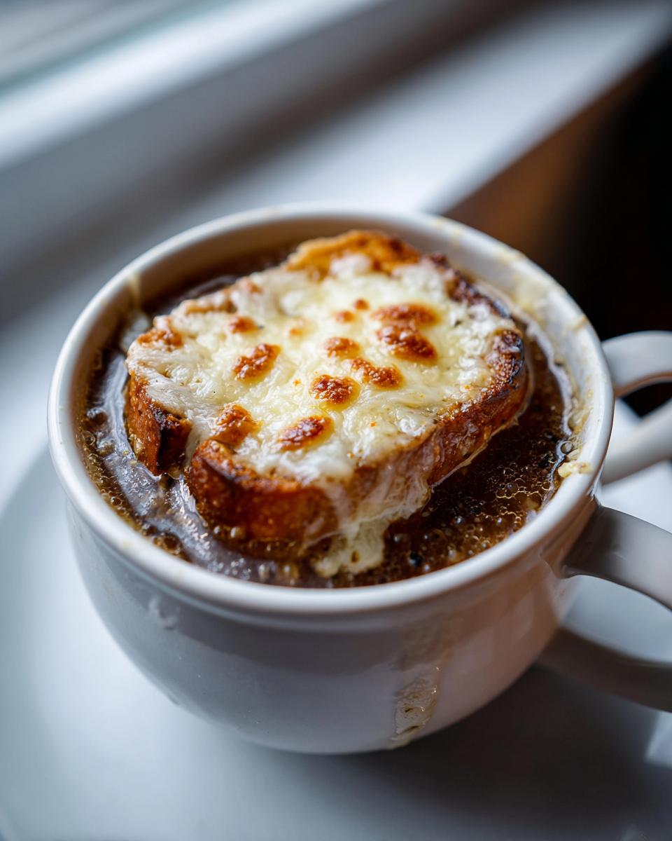 Close-up of a steaming bowl of rich french onion soup topped with a cheesy, broiled bread crouton.