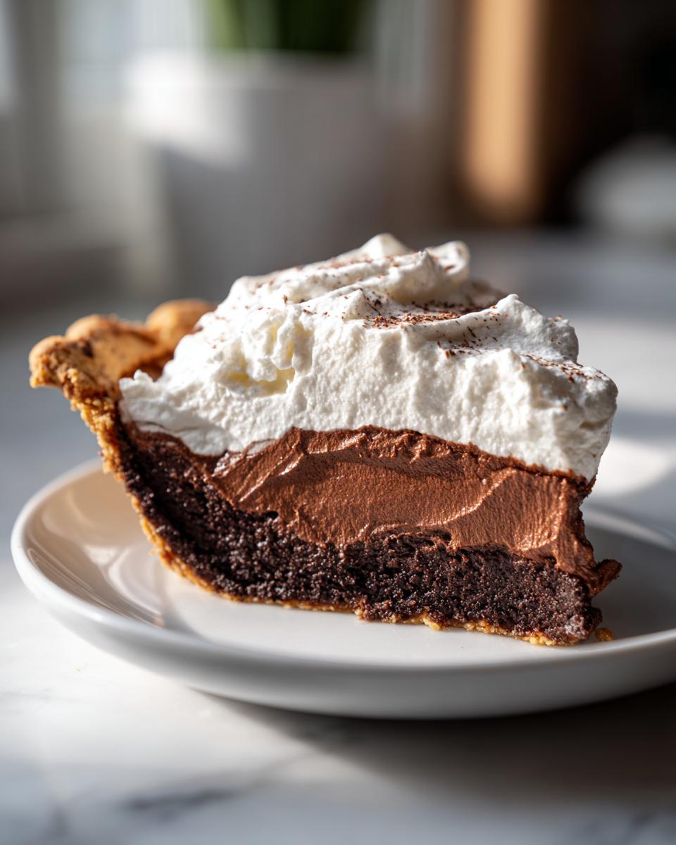 A close-up of a decadent slice of french silk pie showing a dark crust, rich chocolate filling, and thick layer of whipped cream.