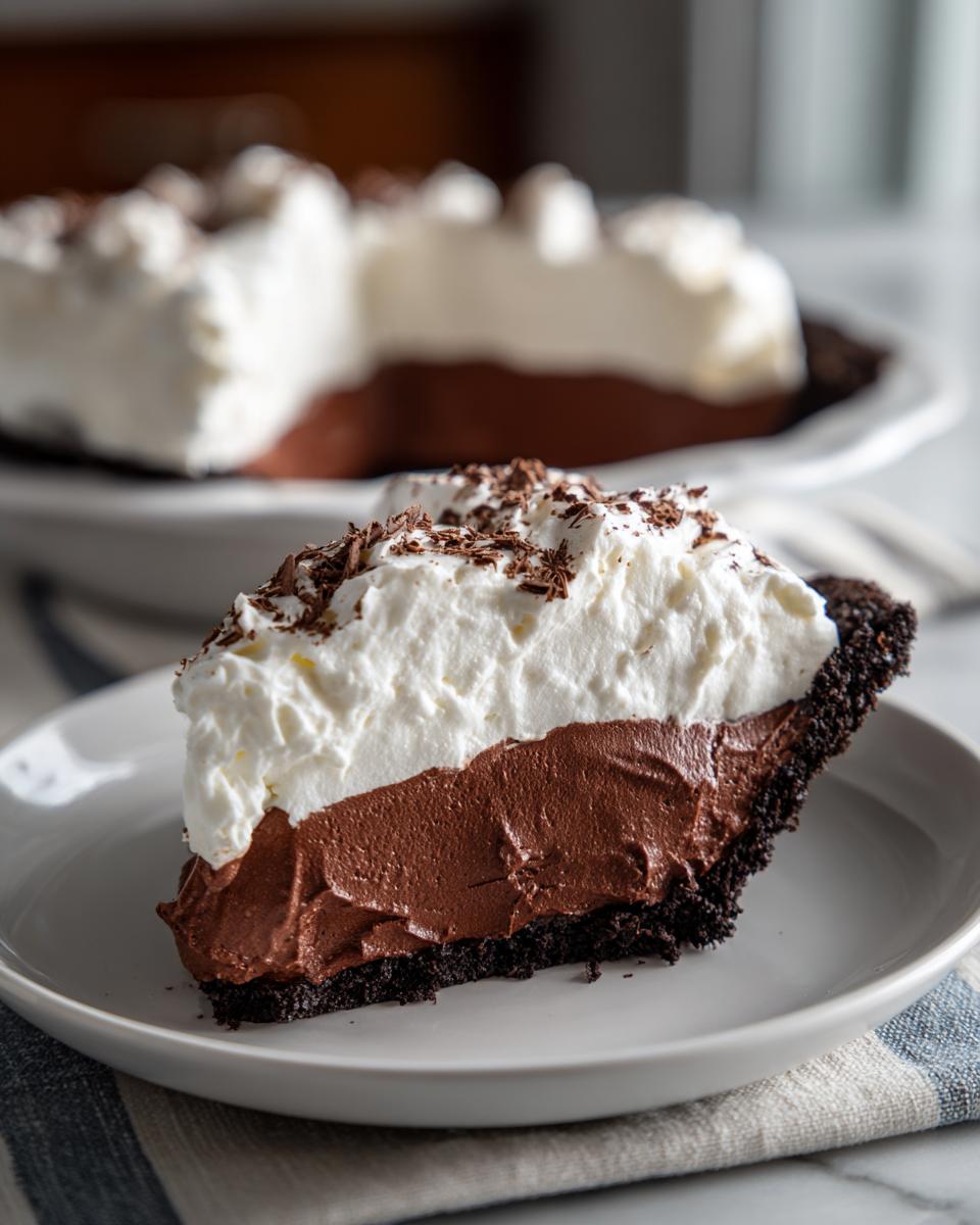 A perfect slice of french silk pie featuring a dark chocolate crust, rich chocolate filling, and tall layer of whipped cream topped with shavings.
