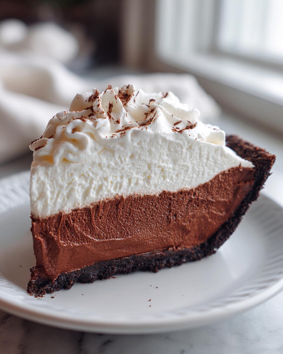 A perfect slice of french silk pie showing a dark chocolate crust, thick chocolate filling, and tall layer of whipped cream topped with chocolate shavings.