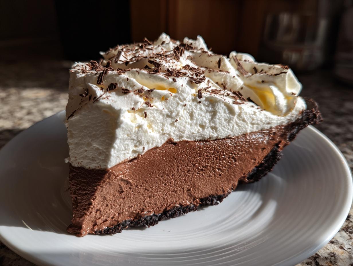 A generous slice of rich french silk pie featuring a dark chocolate filling and thick whipped cream topping.