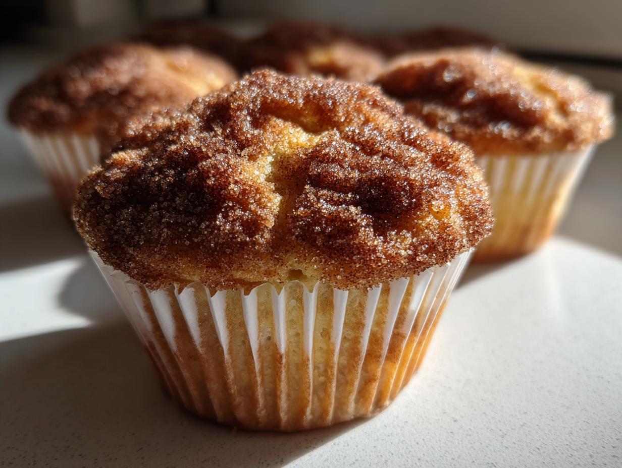 A close-up, featured image of a freshly baked french toast muffins topped generously with sparkling cinnamon sugar.