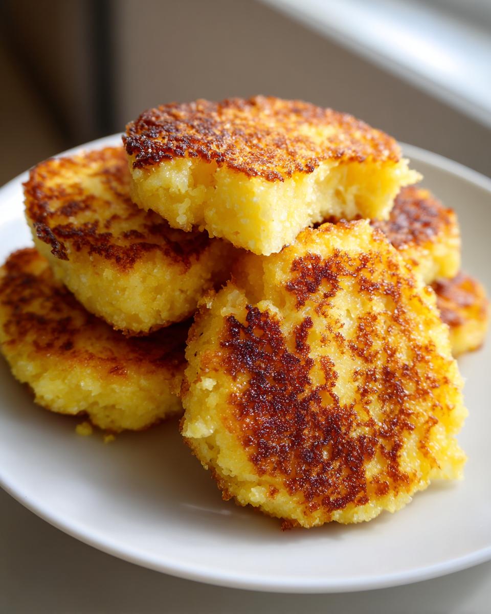 A stack of golden brown, perfectly seared rounds of fried cornbread resting on a white plate.