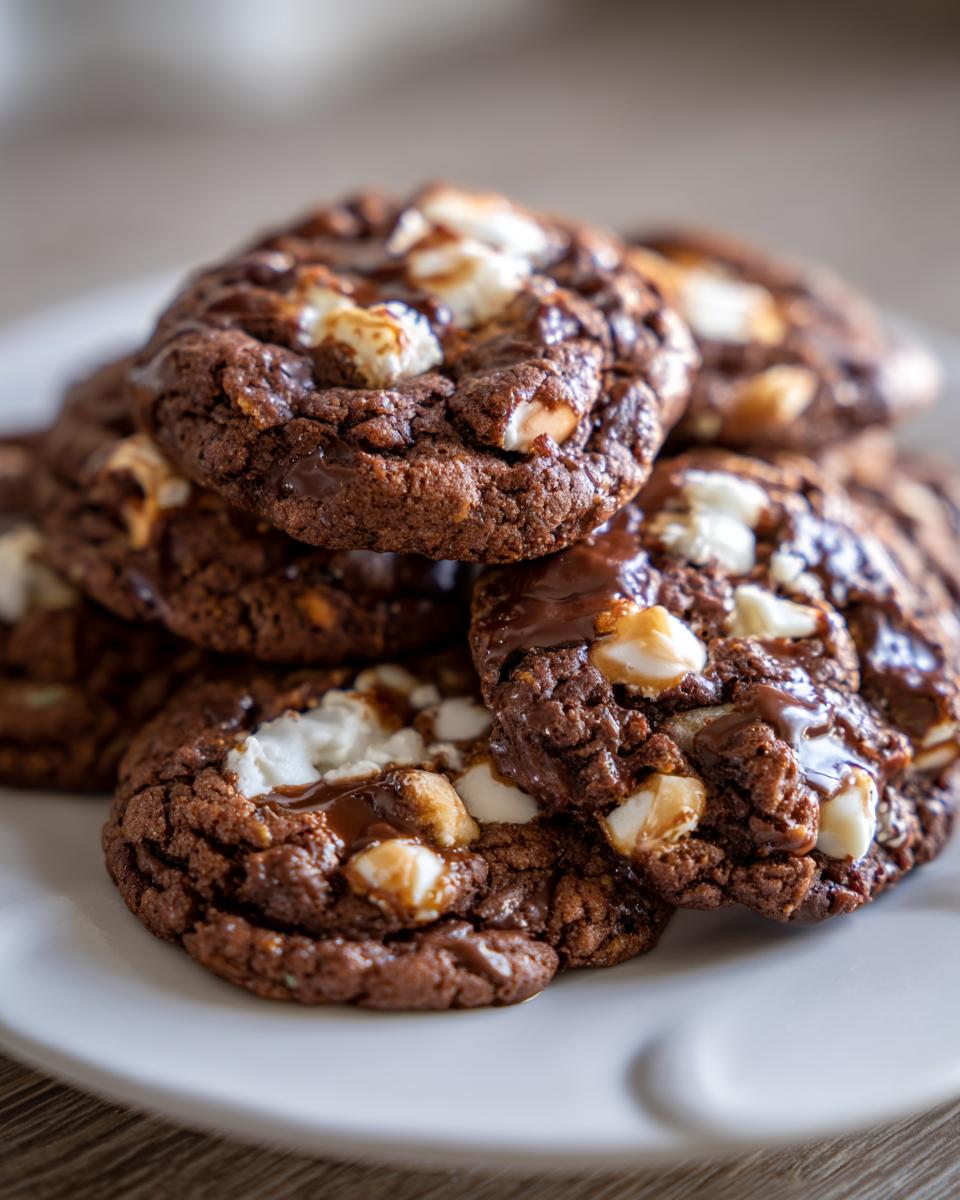 Close-up of a stack of rich, fudgy almond joy cookies studded with white coconut and melted chocolate.