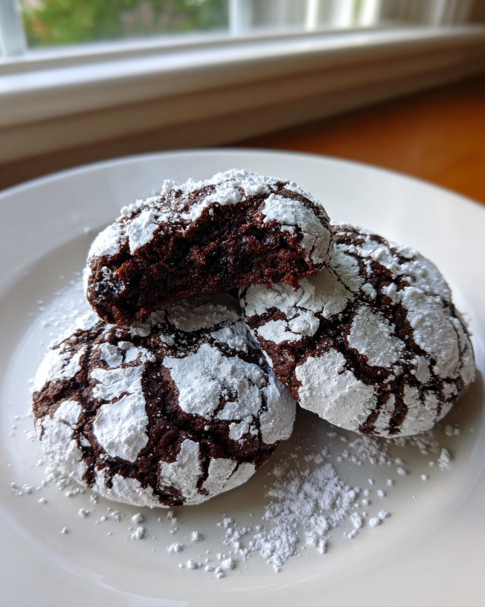 Three rich, dark chocolate crinkle cookies dusted heavily with white powdered sugar on a white plate.