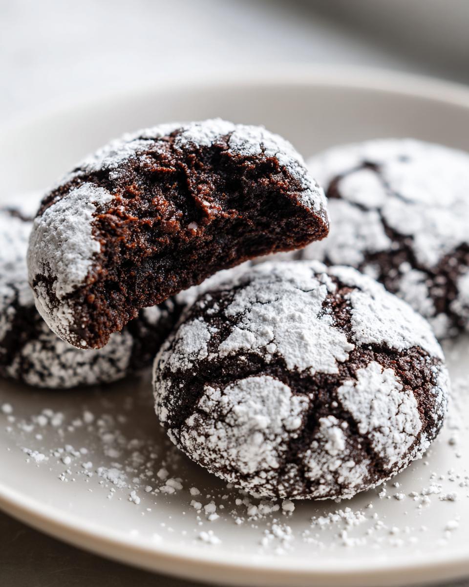 Close-up of fudgy chocolate crinkle cookies dusted heavily with powdered sugar, one cookie is broken open.
