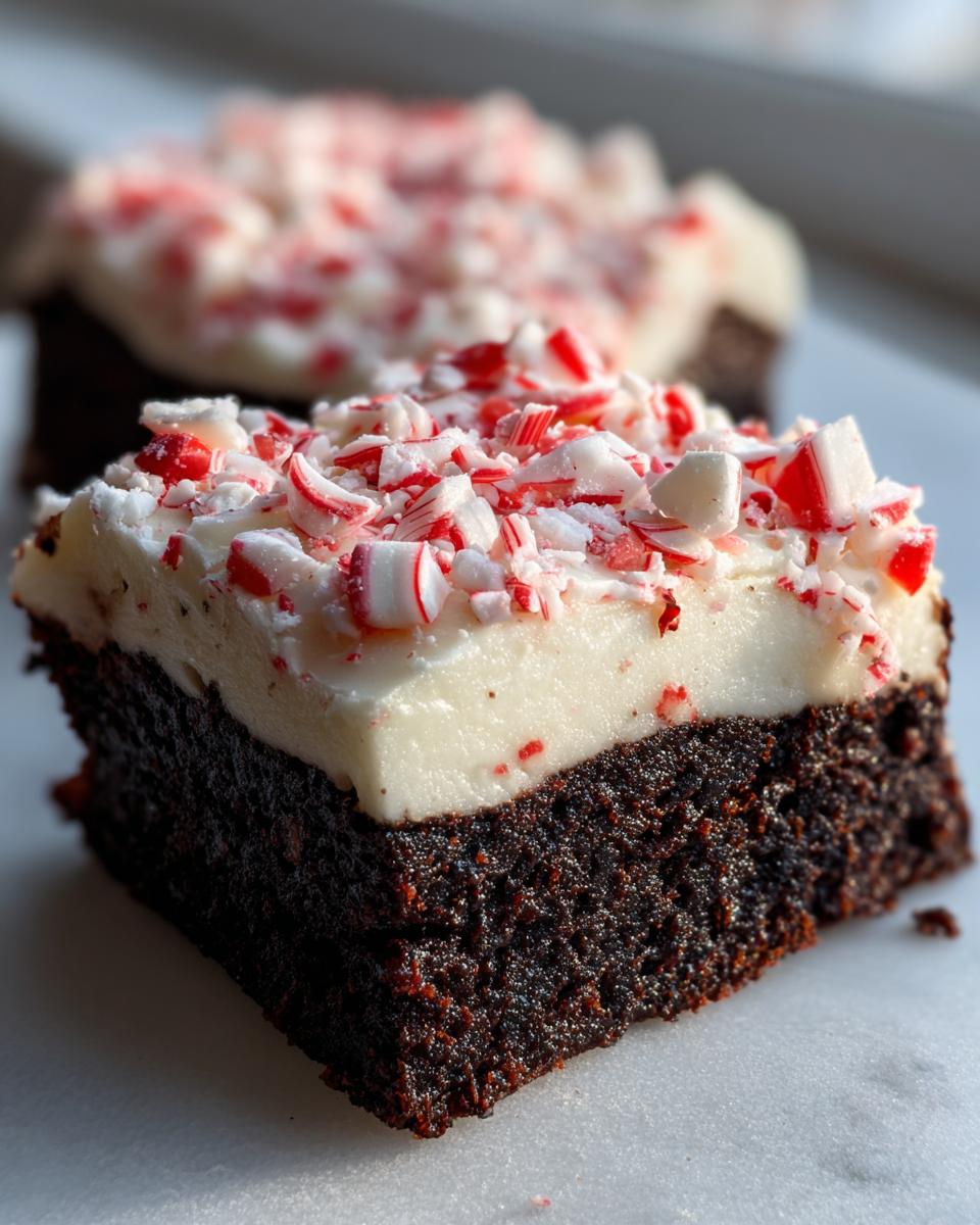 Close-up of a fudgy peppermint brownie square topped with thick white frosting and crushed candy canes.