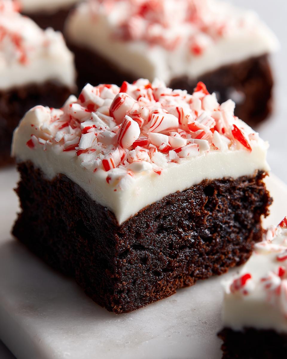 Close-up of a fudgy peppermint brownie square topped with thick white frosting and crushed candy canes.