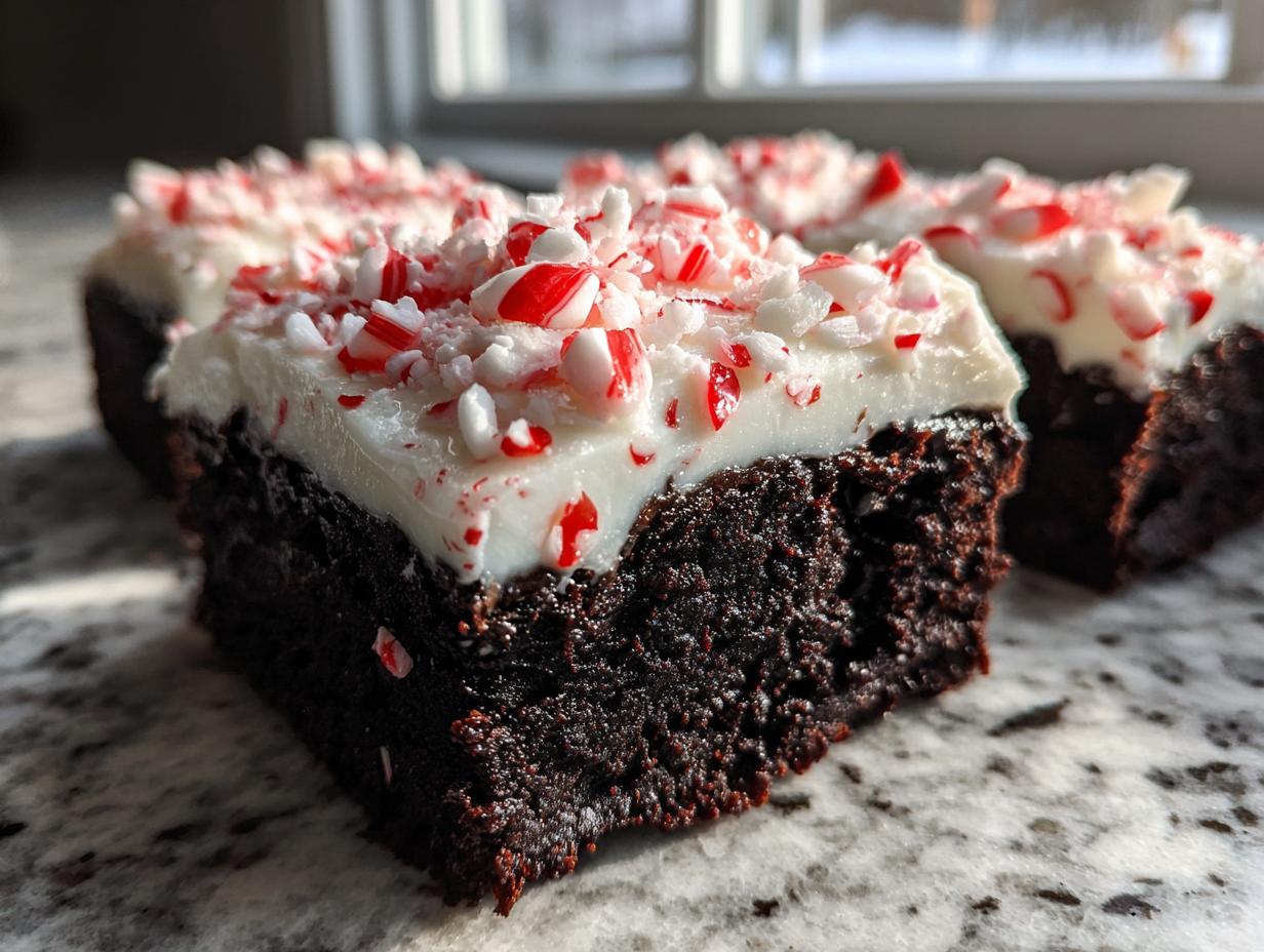 Close-up of fudgy peppermint brownies topped with thick white frosting and crushed candy canes.