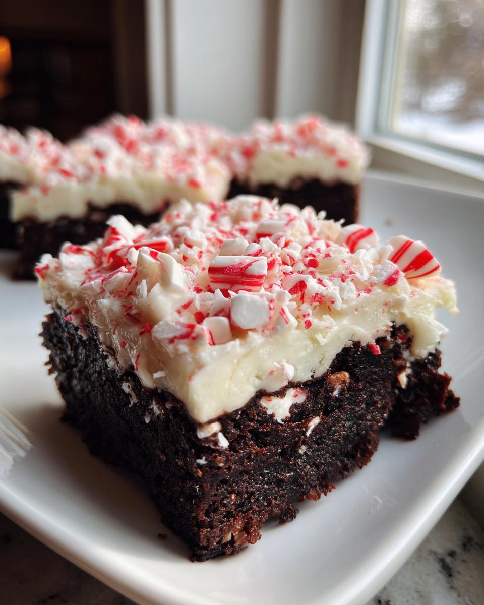 Close-up of a fudgy peppermint brownies slice topped with thick white frosting and crushed candy canes.