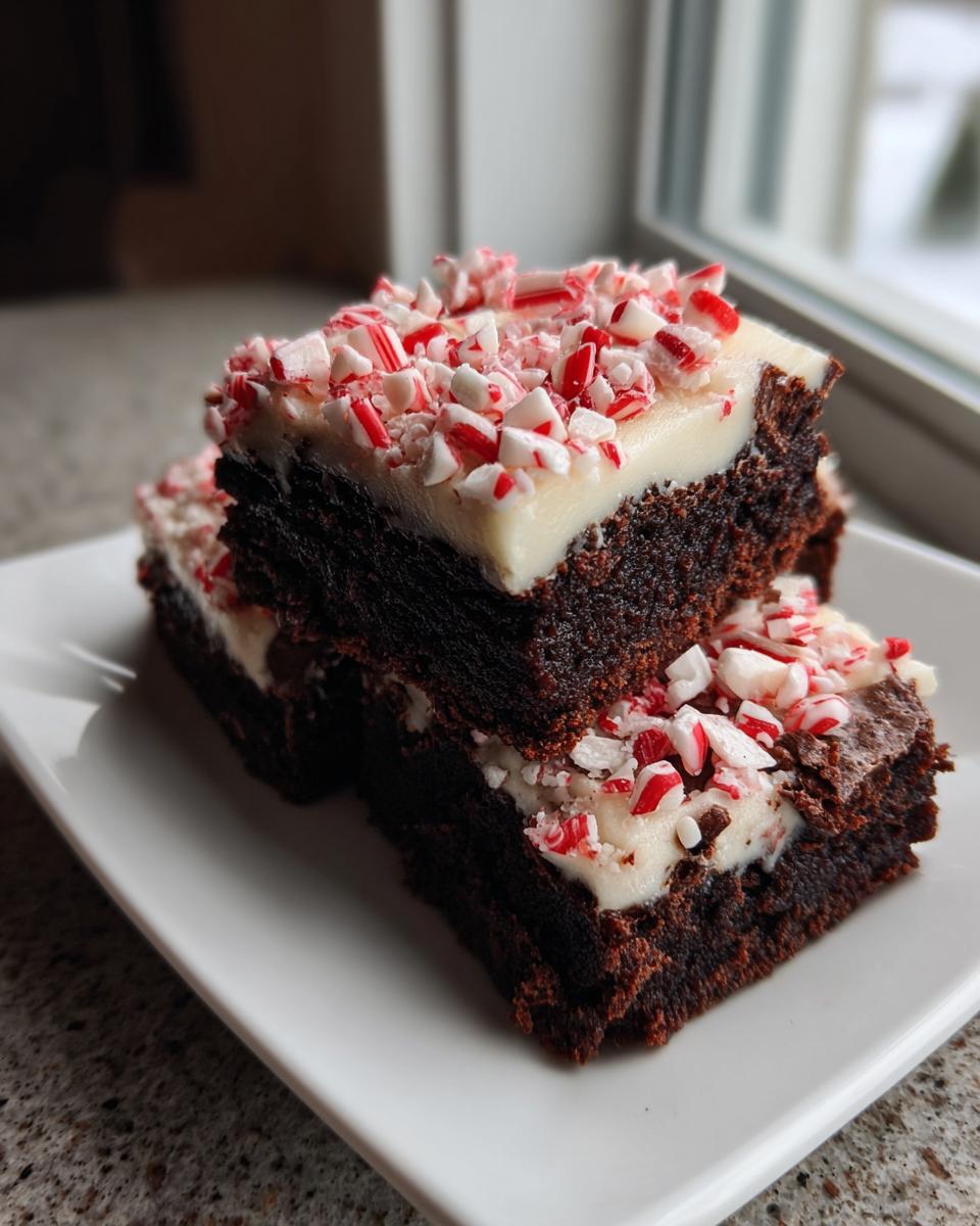Two stacked, fudgy peppermint brownies topped with white frosting and crushed candy canes.