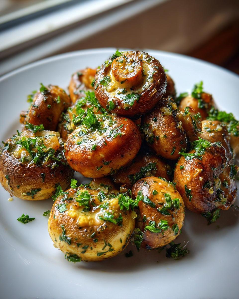 A pile of glossy, roasted garlic butter mushrooms topped generously with fresh chopped parsley.