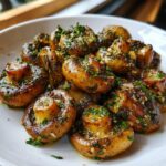 A close-up of sautéed garlic butter mushrooms, glistening with sauce and topped with fresh parsley.