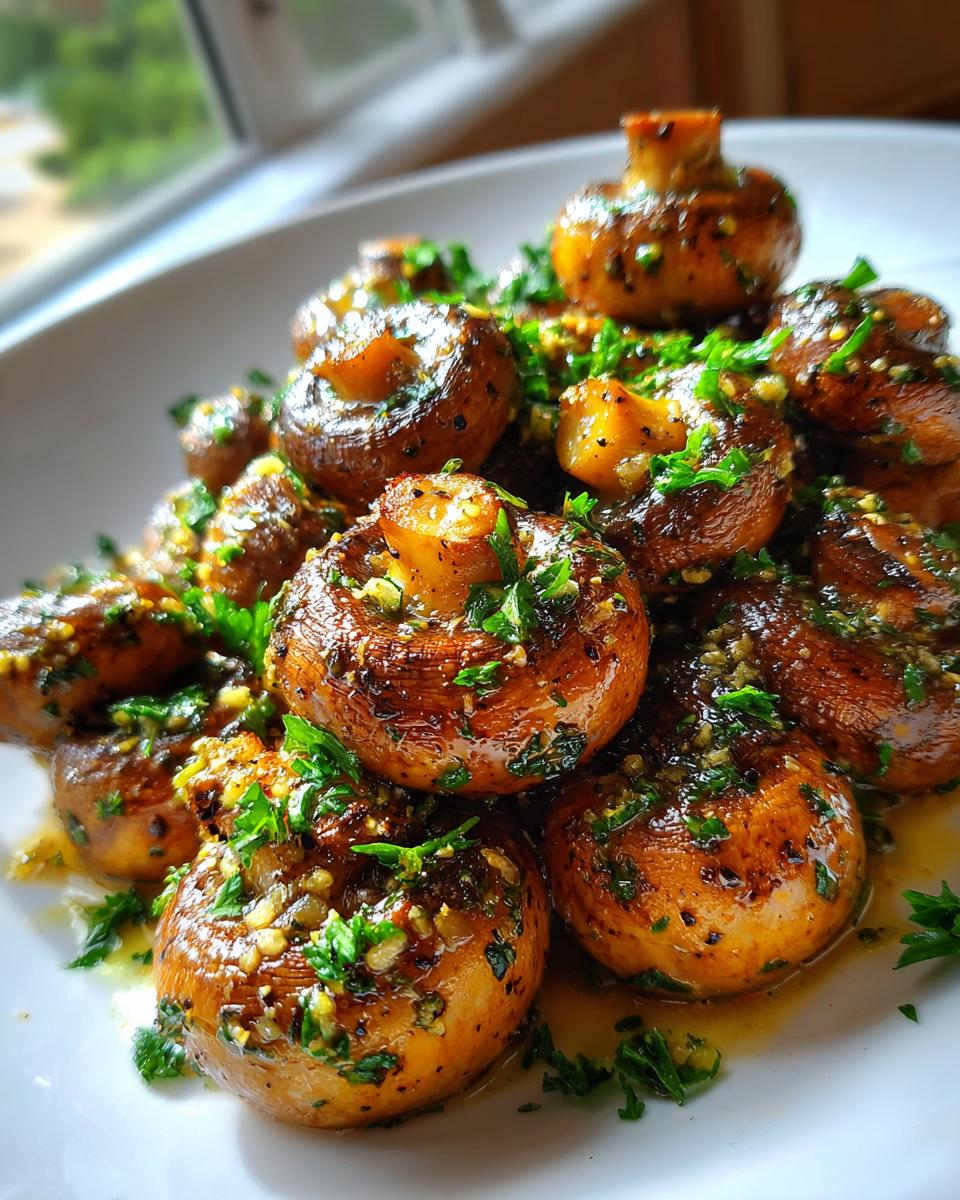 A close-up of perfectly cooked garlic butter mushrooms, glistening with sauce and topped with fresh parsley.