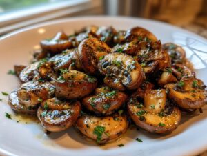 A close-up of savory, glazed garlic butter mushrooms seasoned with parsley, piled high on a white serving dish.