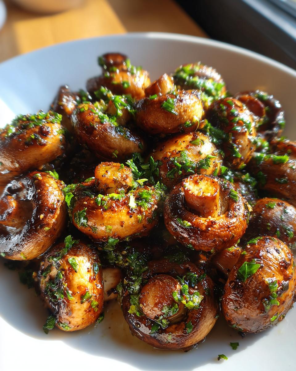 Close-up of glossy, sautéed garlic butter mushrooms topped generously with fresh chopped parsley.