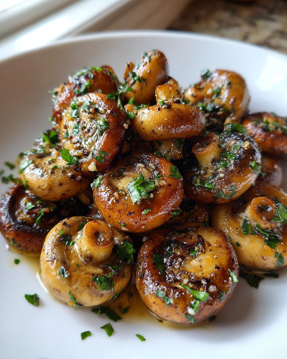 A close-up of sautéed garlic butter mushrooms, glistening with sauce and topped with fresh parsley.