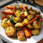 A close-up of golden brown Garlic Herb Roasted Veggies including potatoes, carrots, and zucchini, seasoned with herbs.