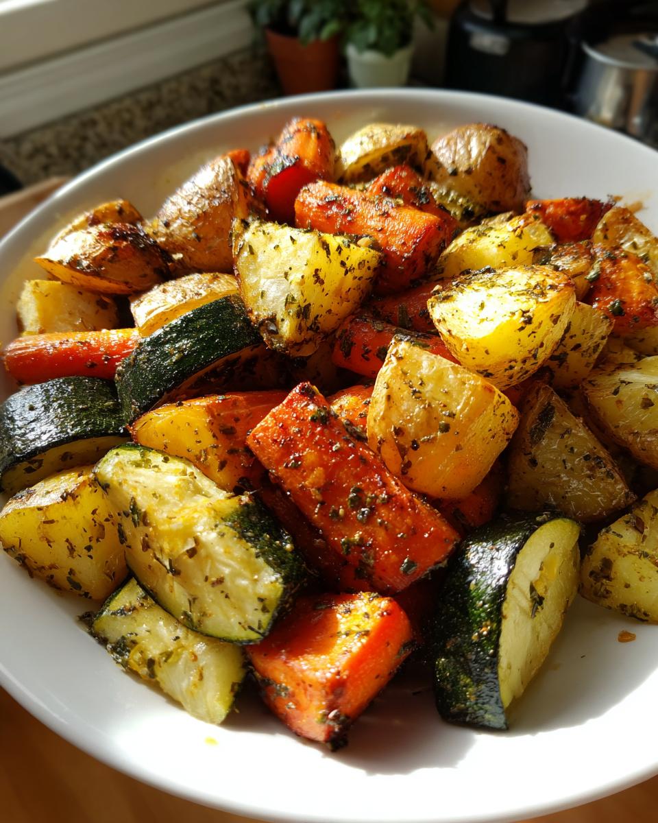 A close-up of a white bowl filled with vibrant Garlic Herb Roasted Veggies, including potatoes, carrots, and zucchini.