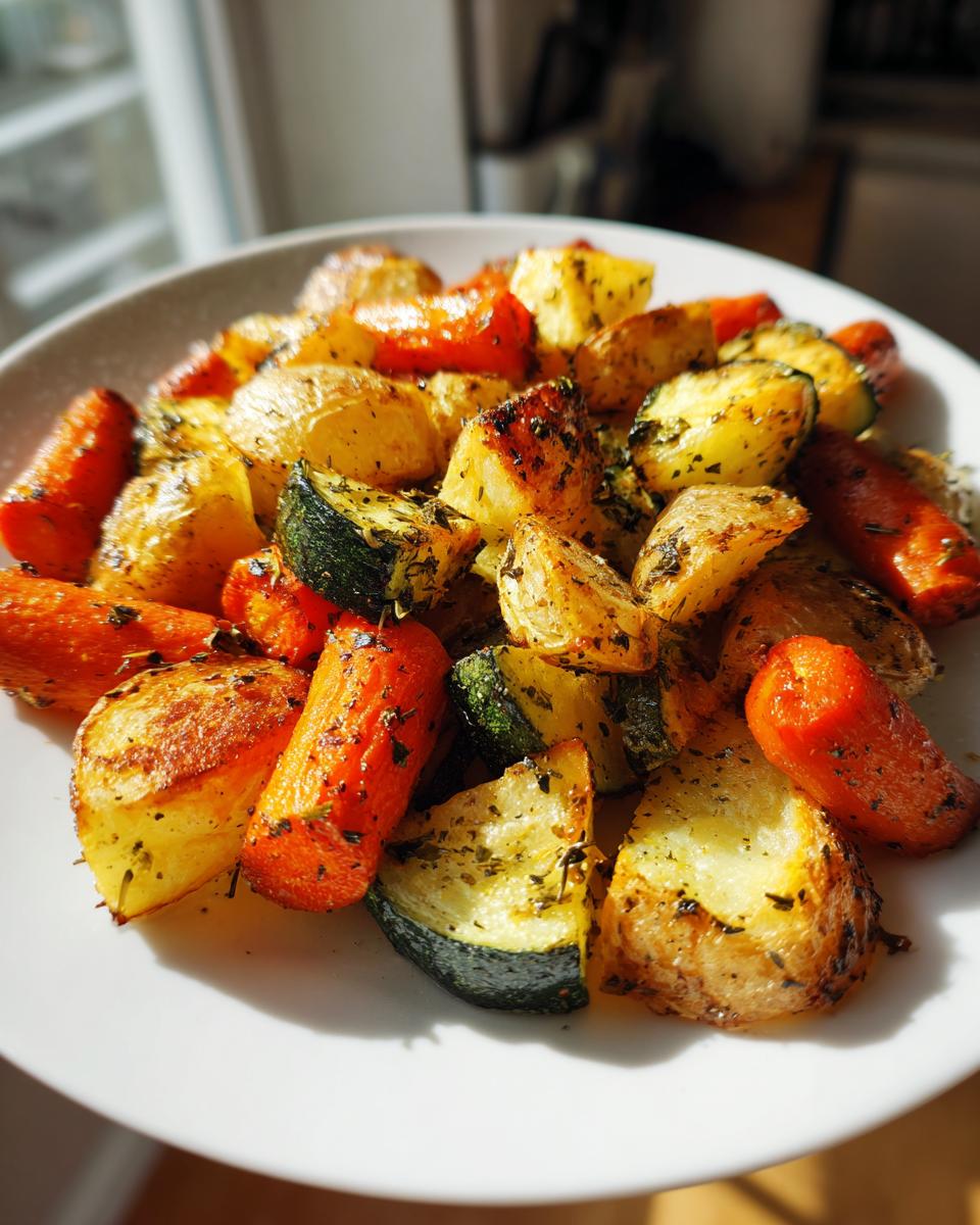 Close-up of roasted potatoes, carrots, and zucchini seasoned with herbs, representing Garlic Herb Roasted Veggies.