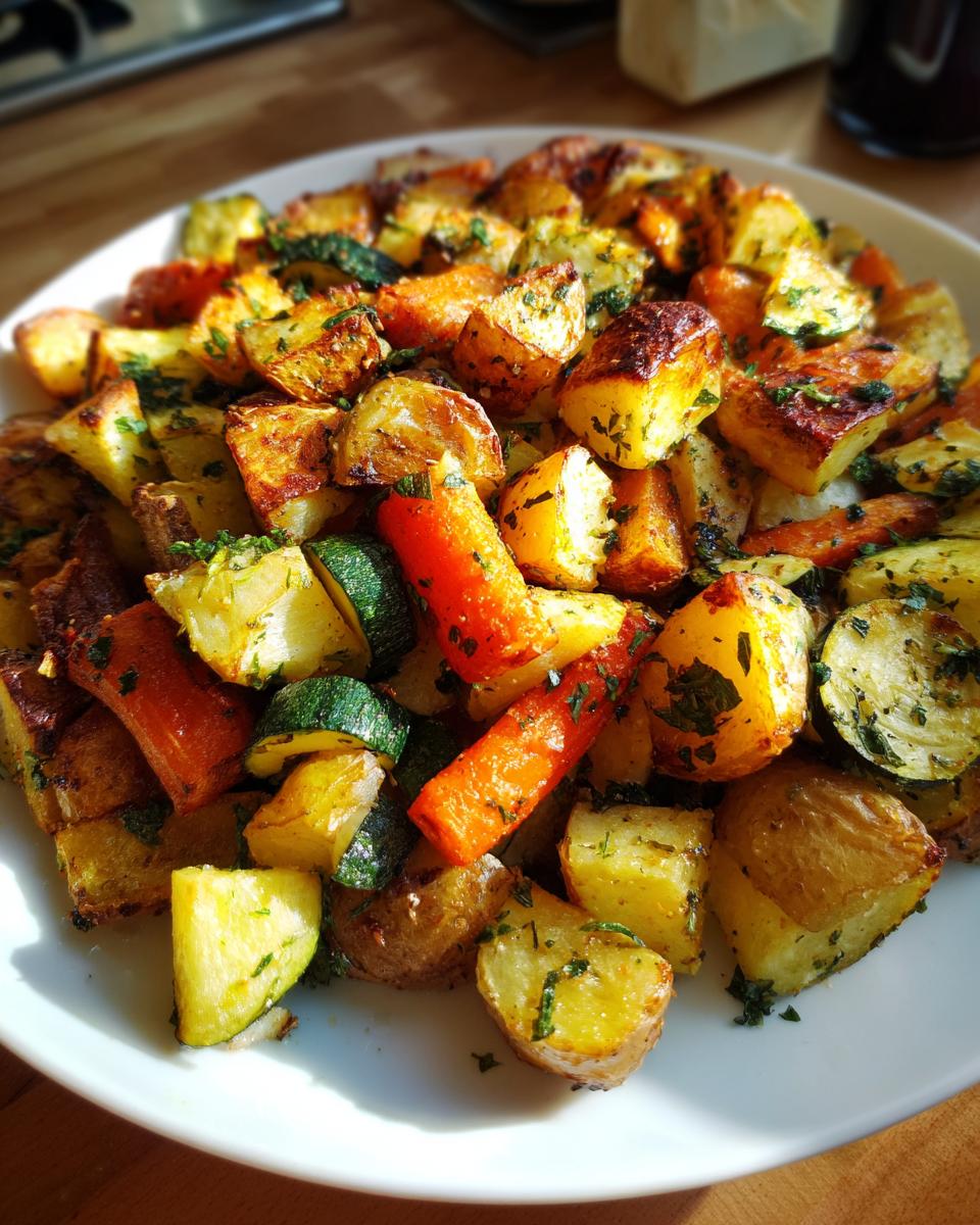 A close-up of golden brown Garlic Herb Roasted Veggies, including potatoes, carrots, and zucchini, sprinkled with parsley.