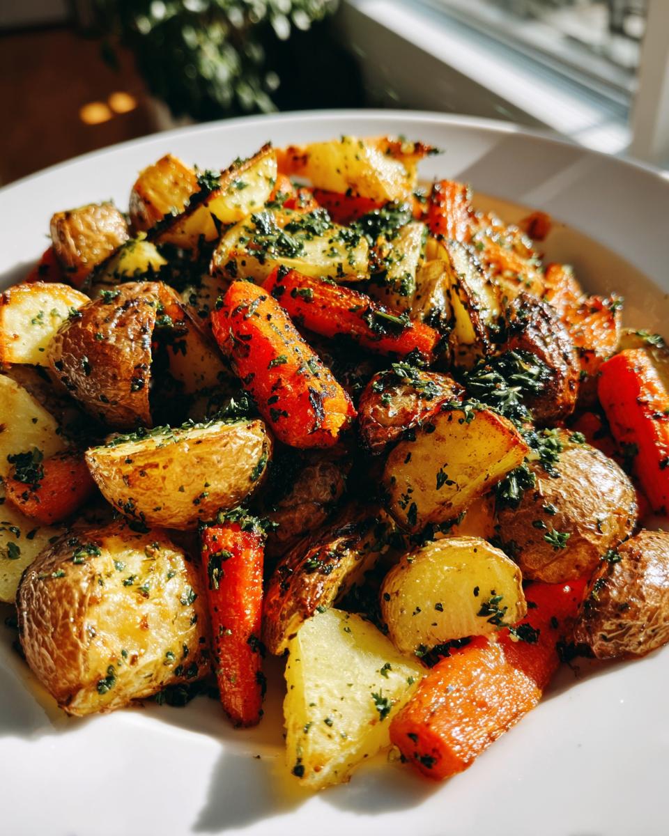 A close-up of perfectly roasted potatoes and carrots seasoned with herbs, showcasing the delicious Garlic Herb Roasted Veggies.