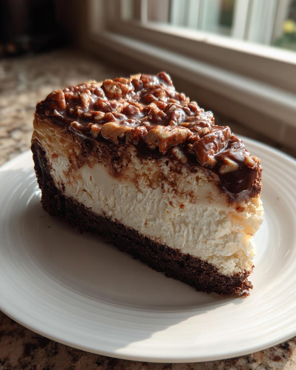 A decadent slice of german chocolate cheesecake featuring a dark crust, creamy filling, and rich pecan topping.
