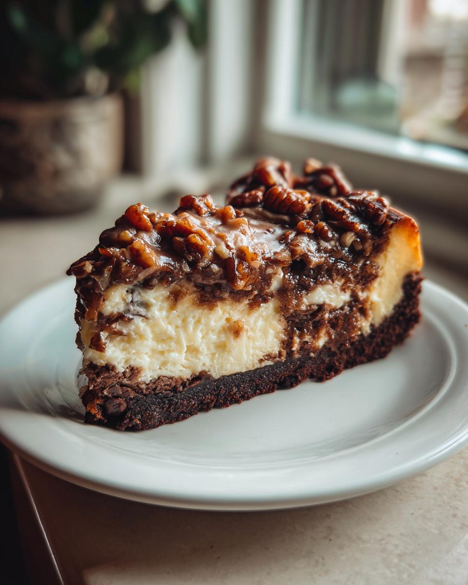 A decadent slice of German chocolate cheesecake featuring a dark crust, creamy filling, and pecan topping.