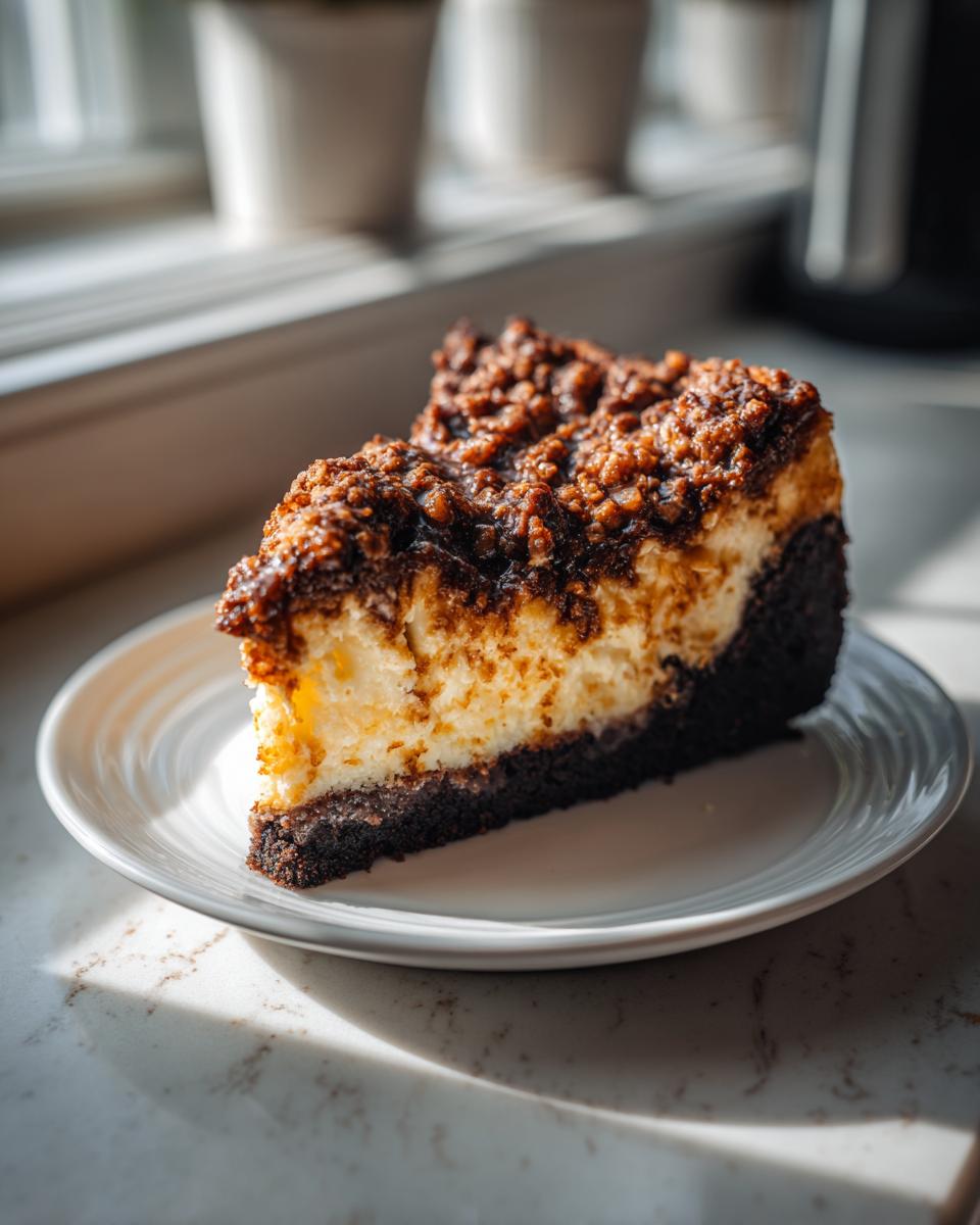 A rich slice of german chocolate cheesecake featuring a dark crust, creamy filling, and chunky pecan topping, served on a white plate.
