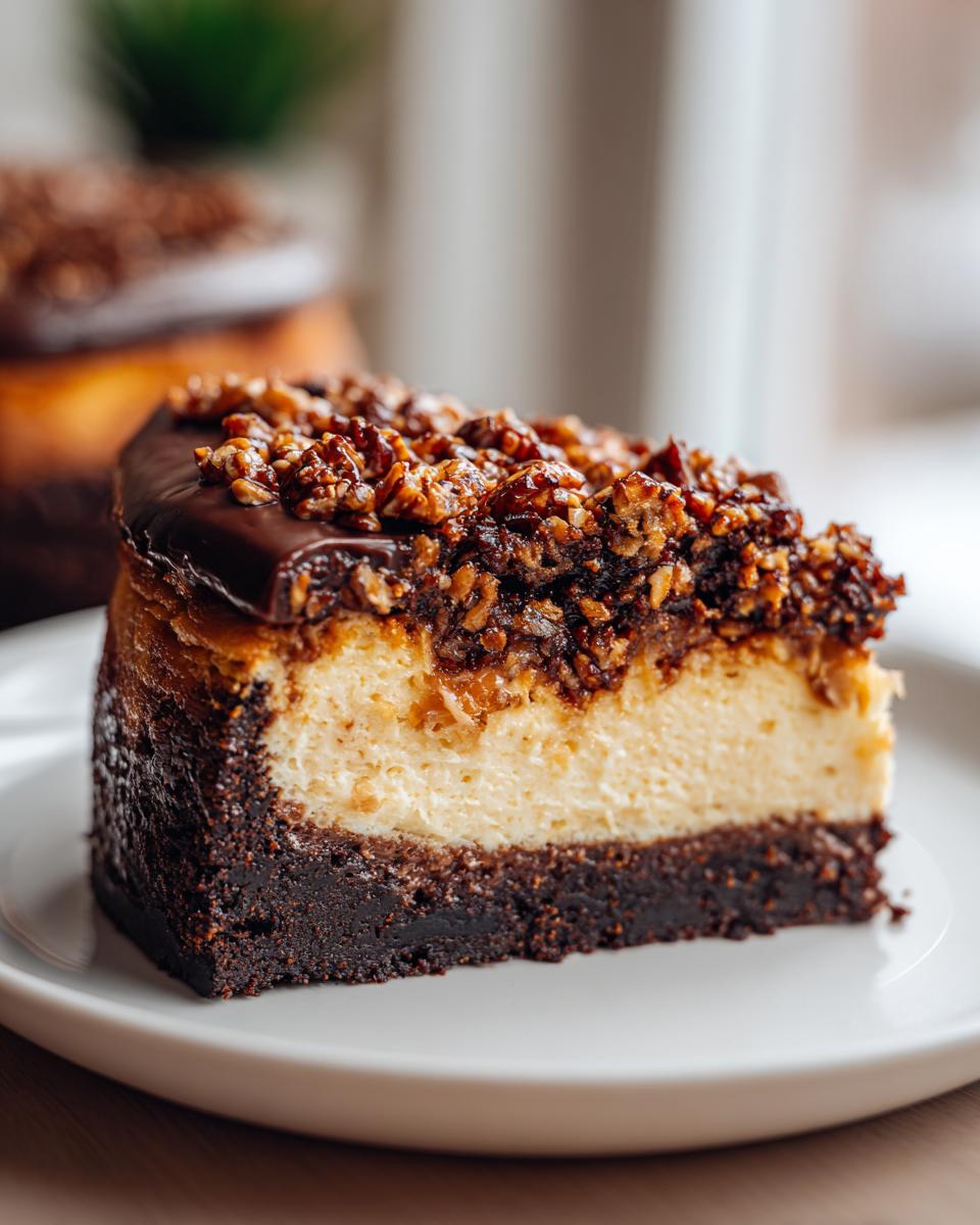 A close-up of a rich slice of German chocolate cheesecake showing the dark crust, creamy filling, and pecan topping.