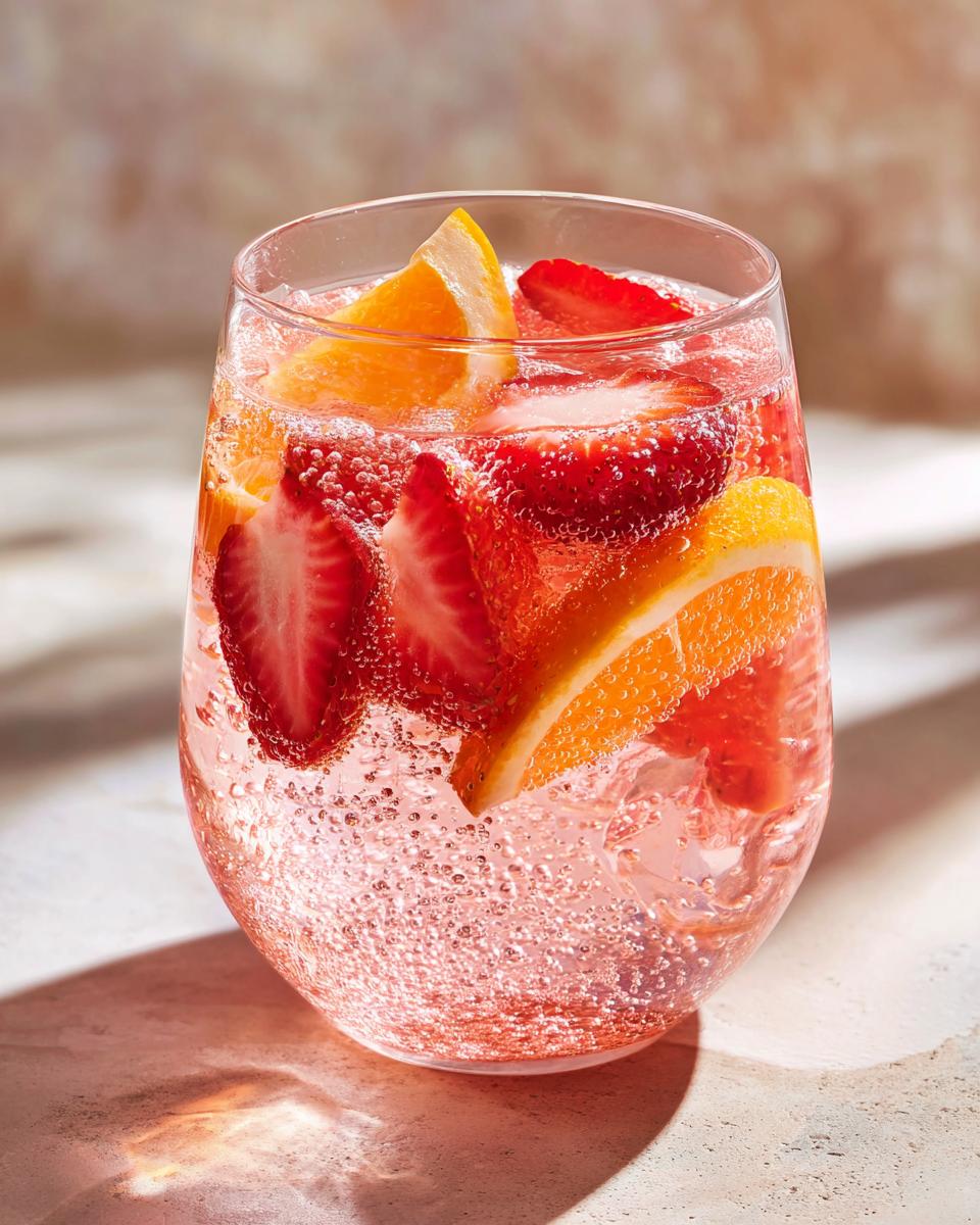 Close-up of a bubbly glass filled with pink champagne punch, garnished with fresh strawberry slices and orange wedges.