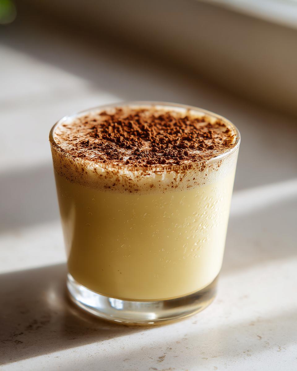 A chilled glass of creamy yellow homemade eggnog topped with a generous dusting of cocoa powder.