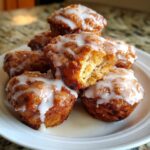 A stack of golden brown baked apple fritters drizzled generously with white vanilla glaze.