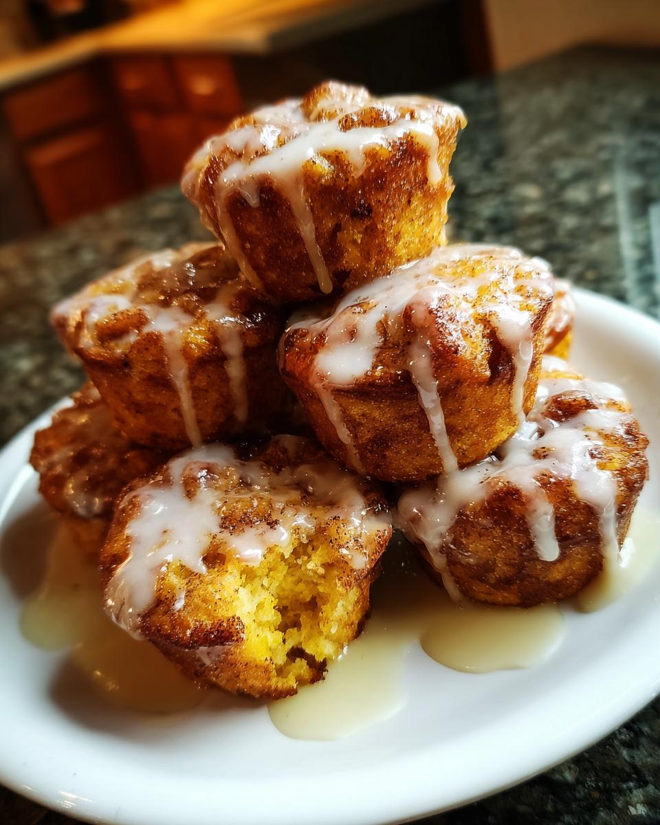 A stack of golden brown baked apple fritters drizzled generously with white vanilla glaze, served on a white plate.