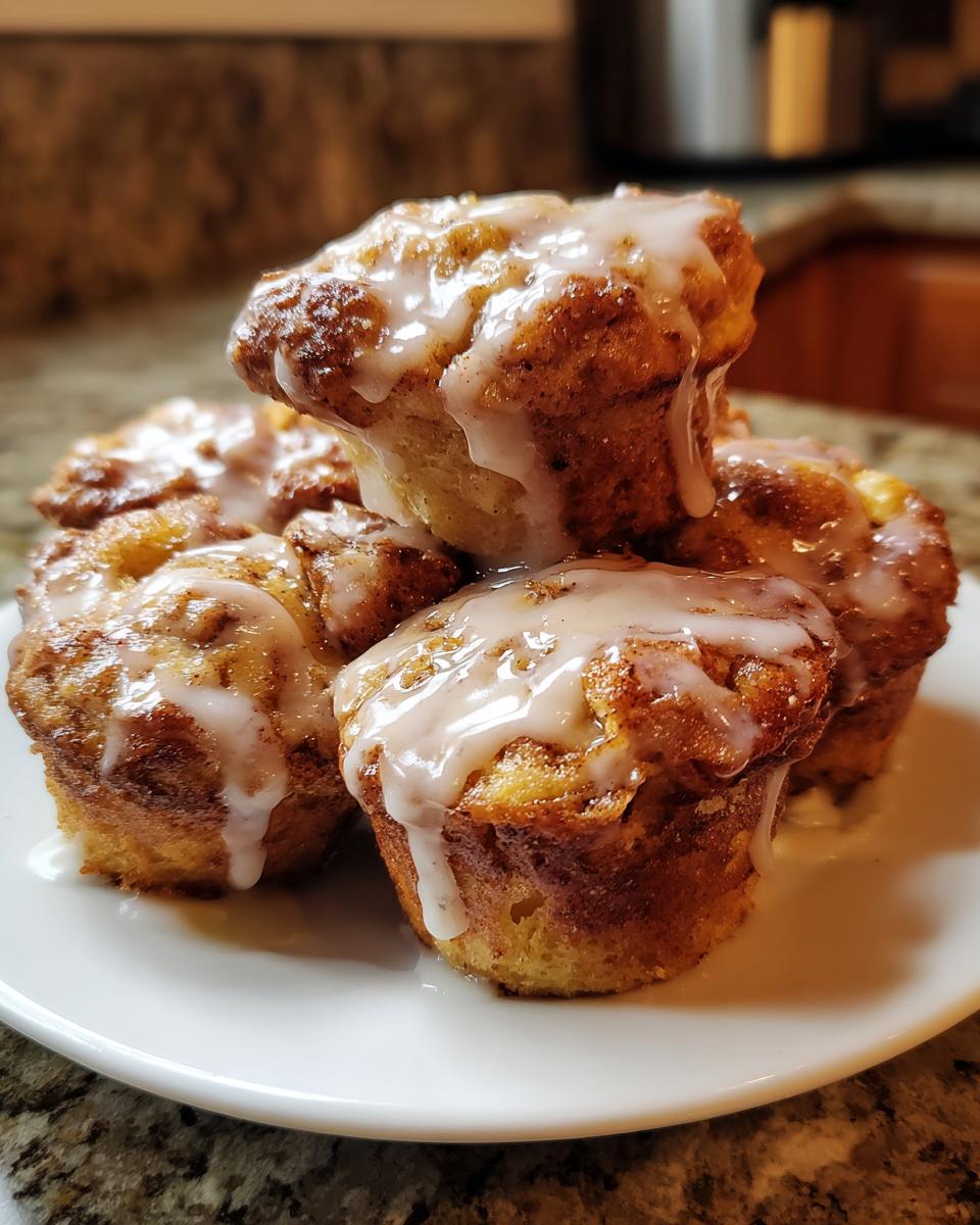 A stack of golden brown baked apple fritters generously drizzled with white vanilla glaze.