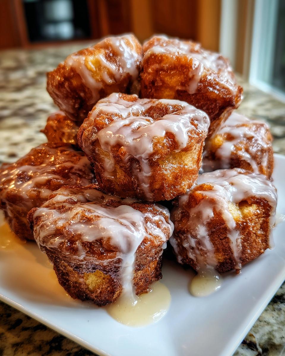 A stack of golden brown baked apple fritters generously drizzled with white vanilla glaze.