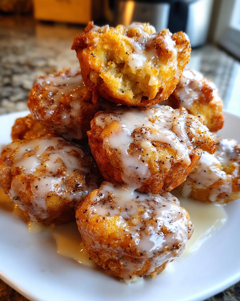 A stack of golden brown baked apple fritters generously drizzled with a vanilla glaze.