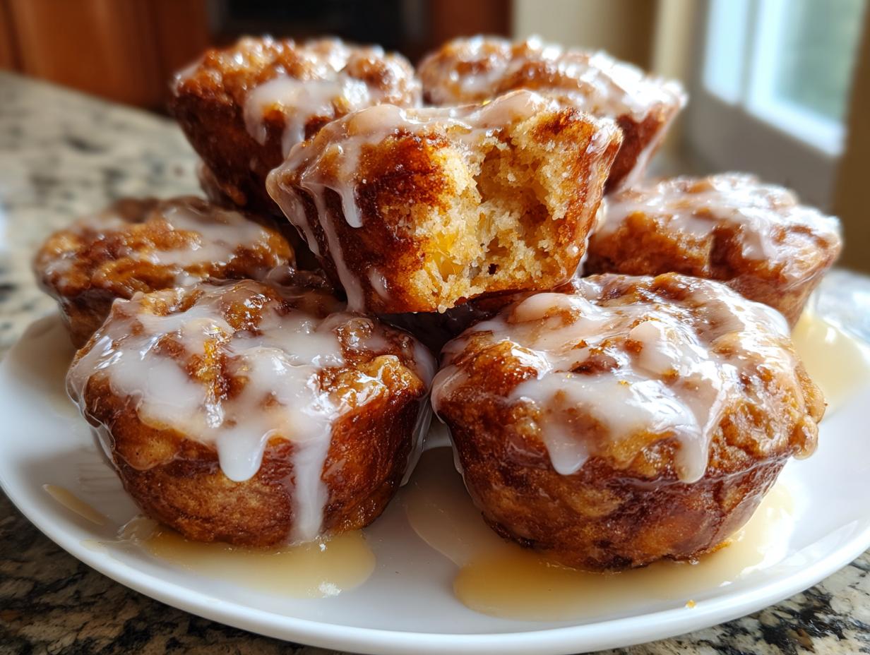 A stack of golden brown baked apple fritters generously drizzled with white glaze, resting on a white plate.