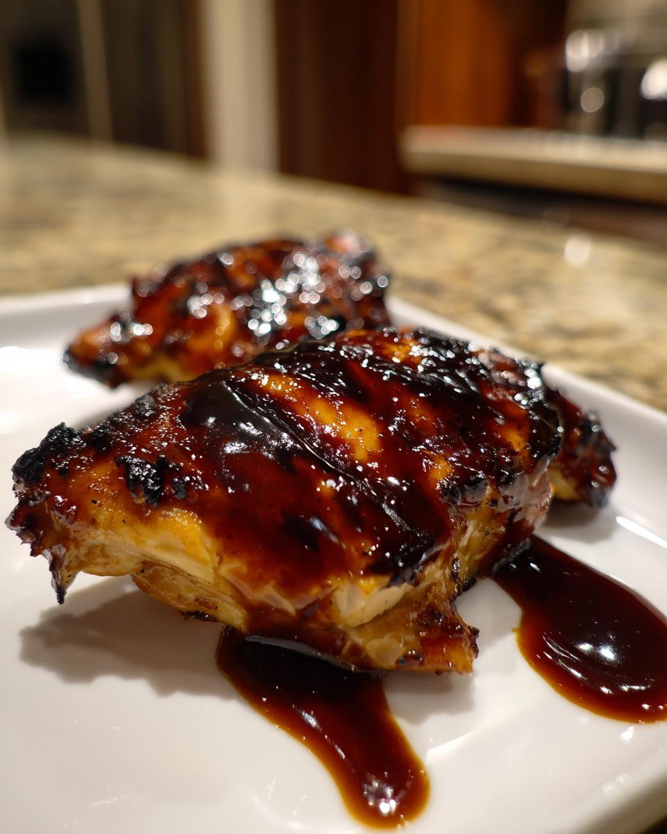 Close-up of grilled chicken glazed heavily with shiny homemade teriyaki sauce on a white plate.