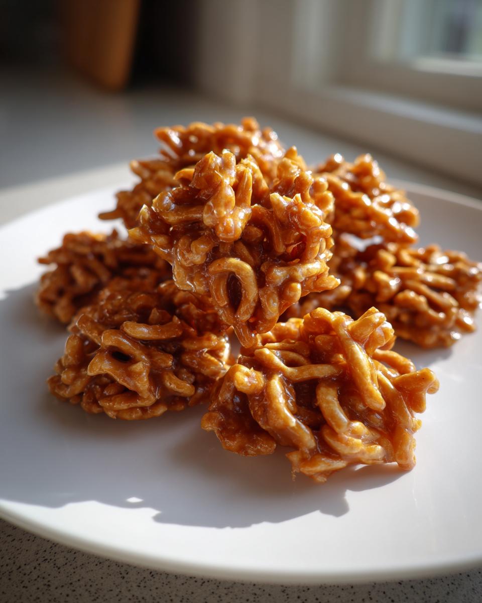 A stack of shiny, golden-brown haystack cookies coated in caramel or peanut butter mixture, sitting on a white plate.